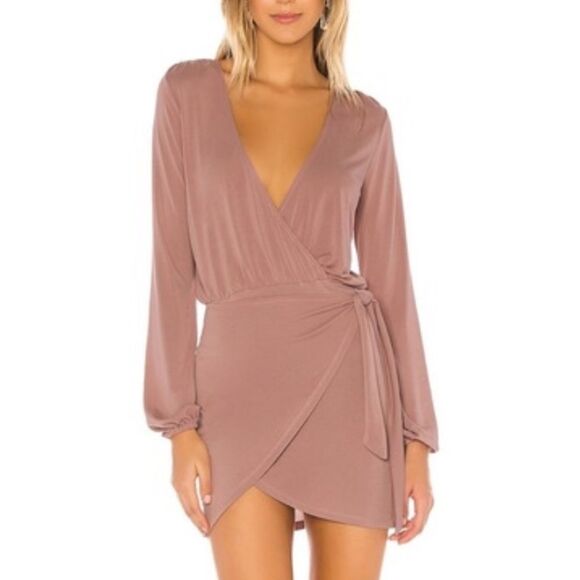 Lovers & Friends Emmy Mini Mauve Front Wrap Tie V Neck Long Sleeve Dress SZ M - Picture 1 of 5